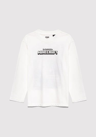  Mavi Minecraft Baskılı Ekru Tişört Loose Fit / Bol Rahat Kesim 6610378-70057