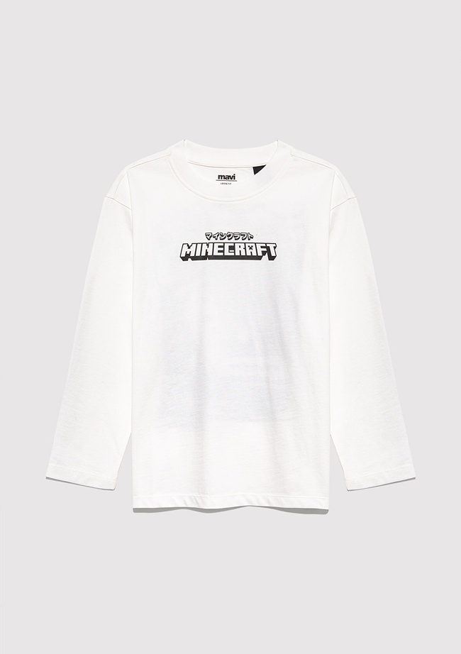  Mavi Minecraft Baskılı Ekru Tişört Loose Fit / Bol Rahat Kesim 6610378-70057