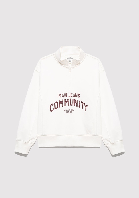  Mavi Baskılı Yarı Fermuarlı Beyaz Sweatshirt 7S10130-70057