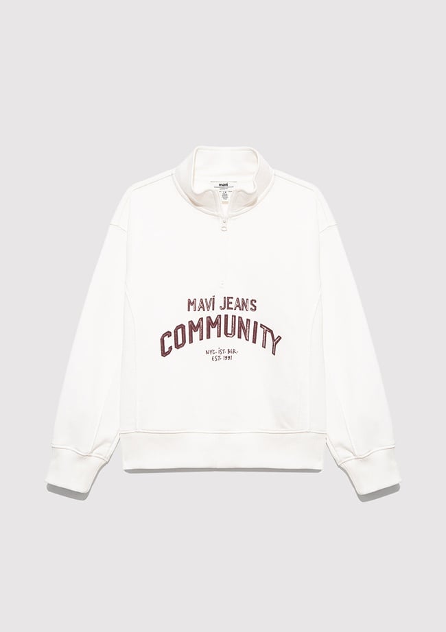  Mavi Baskılı Yarı Fermuarlı Beyaz Sweatshirt 7S10130-70057