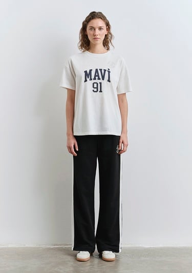  Mavi Mavi Logo Baskılı Ekru Tişört Loose Fit / Bol Rahat Kesim 1613333-70057