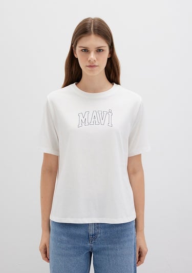  Mavi Mavi Logo Baskılı Ekru Tişört Regular Fit / Normal Kesim 1613564-70057