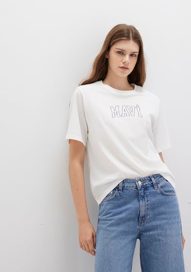  Mavi Mavi Logo Baskılı Ekru Tişört Regular Fit / Normal Kesim 1613564-70057