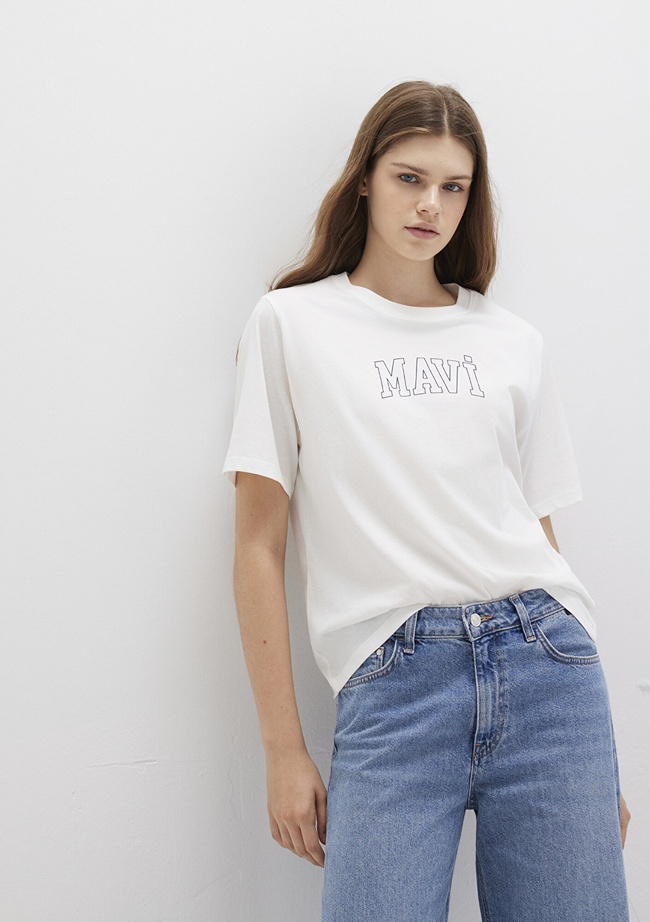  Mavi Mavi Logo Baskılı Ekru Tişört Regular Fit / Normal Kesim 1613564-70057