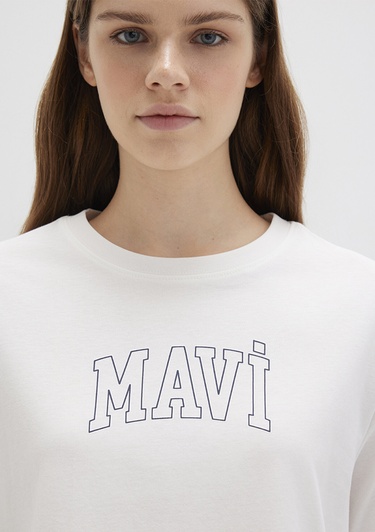  Mavi Mavi Logo Baskılı Ekru Tişört Regular Fit / Normal Kesim 1613564-70057