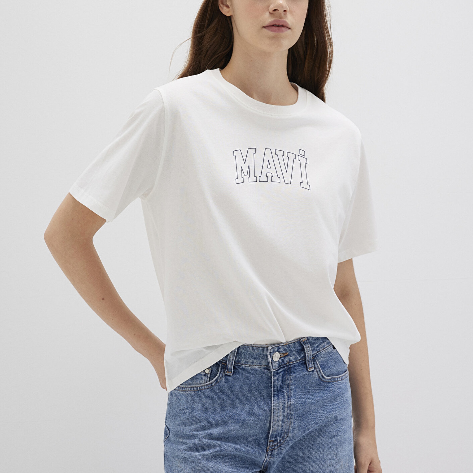 Mavi Mavi Logo Baskılı Ekru Tişört Regular Fit / Normal Kesim 1613564-70057