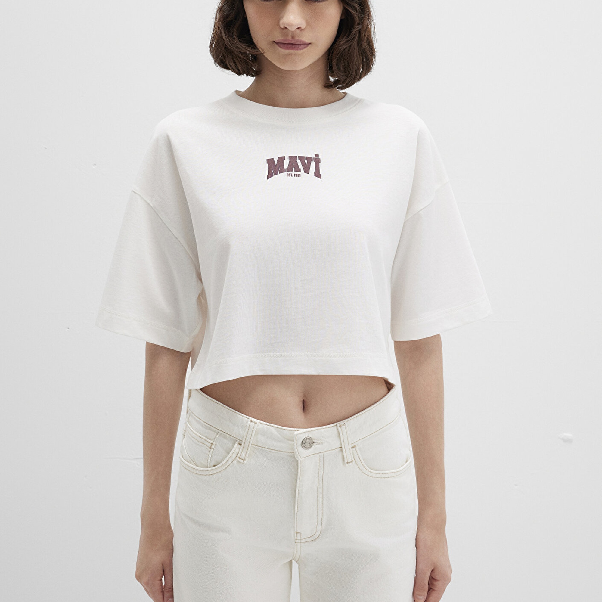 Mavi Mavi Logo Baskılı Ekru Crop Tişört Crop / Kısa Kesim 1613411-70057