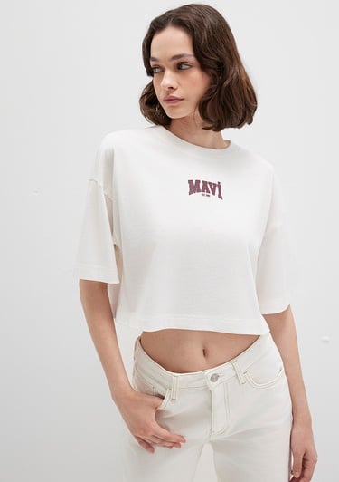  Mavi Mavi Logo Baskılı Ekru Crop Tişört Crop / Kısa Kesim 1613411-70057