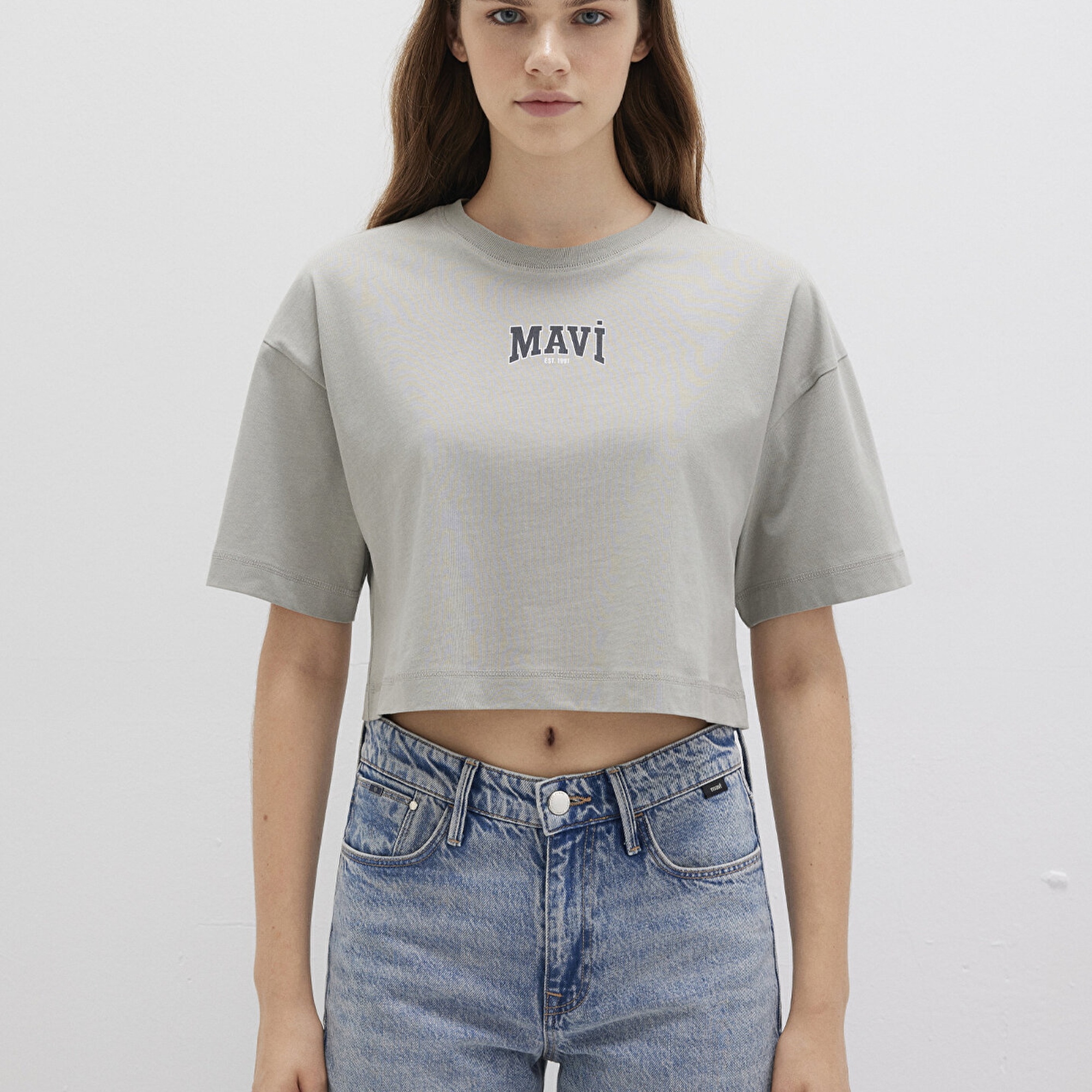 Mavi Mavi Logo Baskılı Gri Crop Tişört Crop / Kısa Kesim 1613411-70112