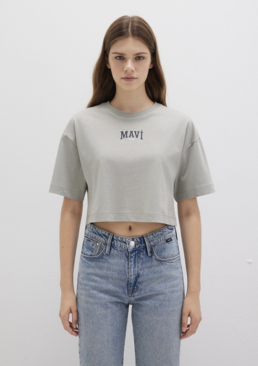  Mavi Mavi Logo Baskılı Gri Crop Tişört Crop / Kısa Kesim 1613411-70112