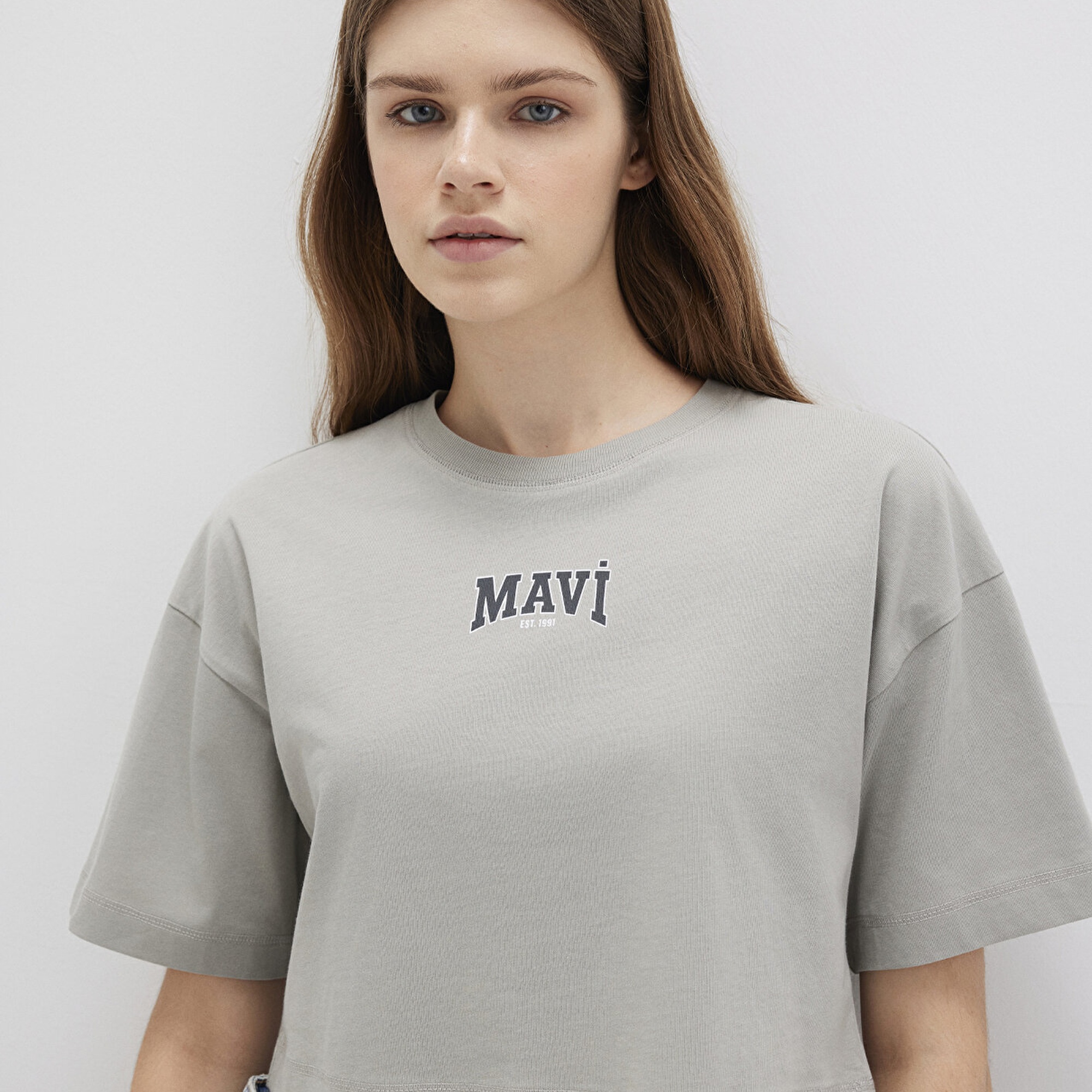 Mavi Mavi Logo Baskılı Gri Crop Tişört Crop / Kısa Kesim 1613411-70112