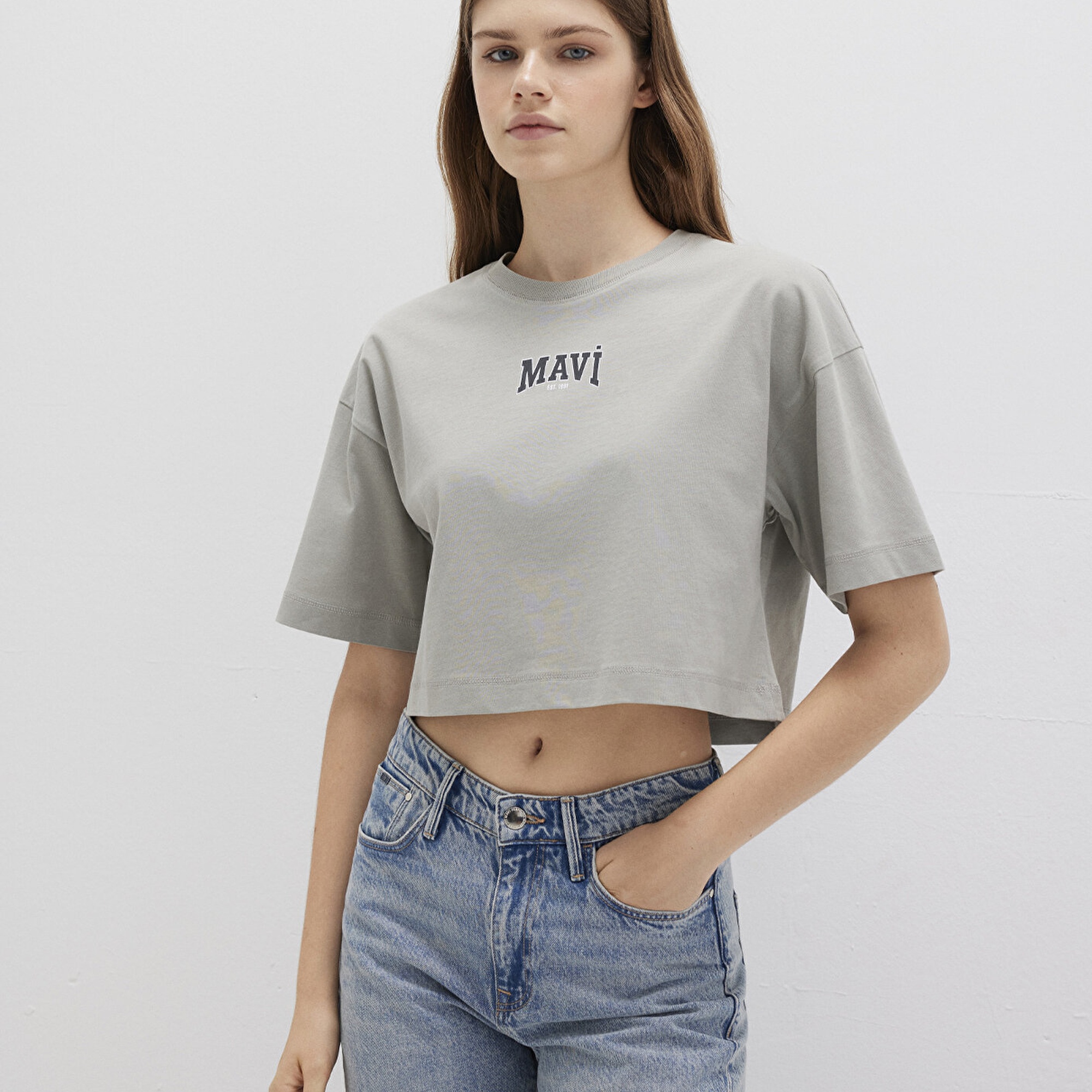 Mavi Mavi Logo Baskılı Gri Crop Tişört Crop / Kısa Kesim 1613411-70112