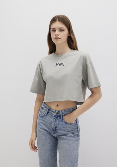  Mavi Mavi Logo Baskılı Gri Crop Tişört Crop / Kısa Kesim 1613411-70112