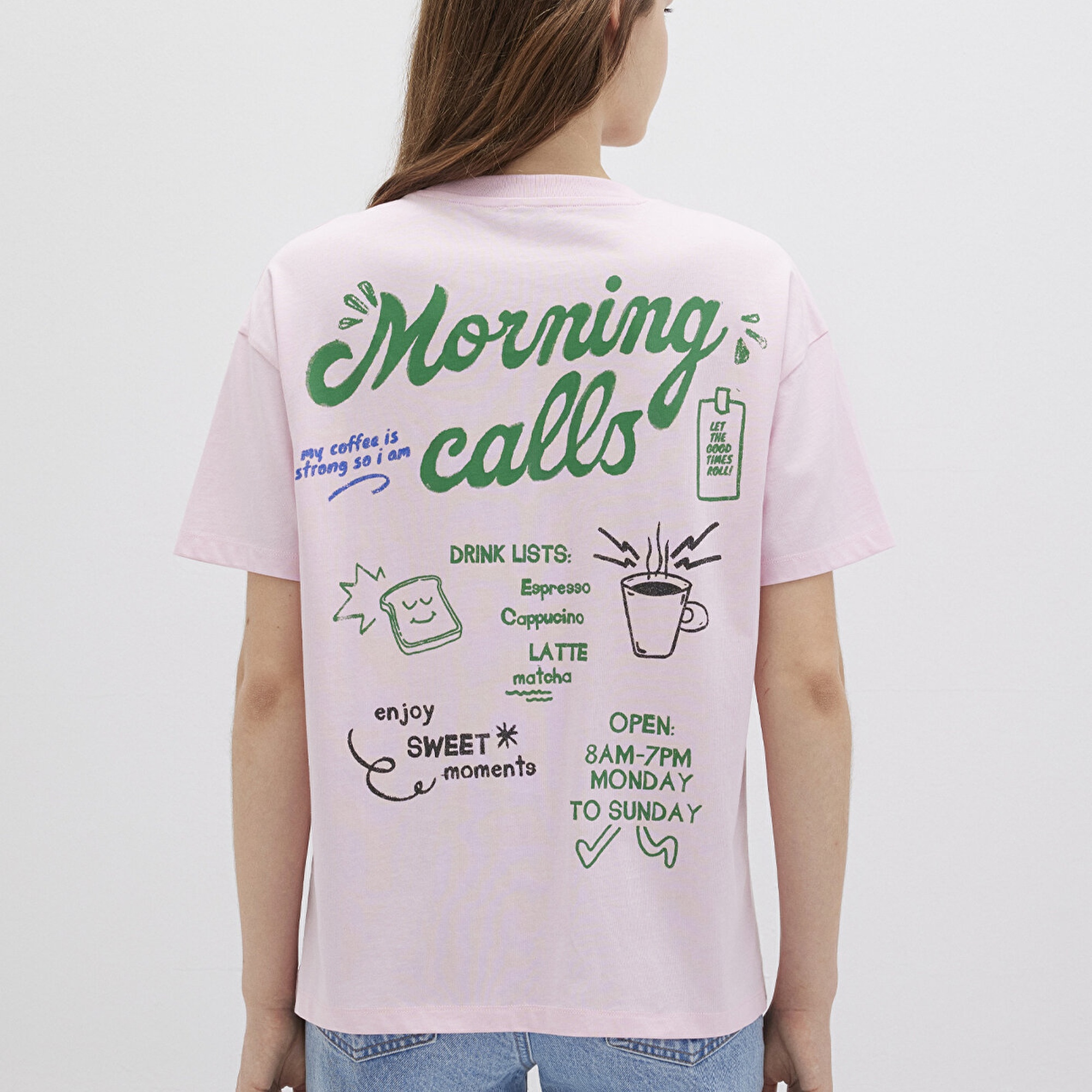 Mavi Baskılı Pembe Tişört Loose Fit / Bol Rahat Kesim 1613379-71007