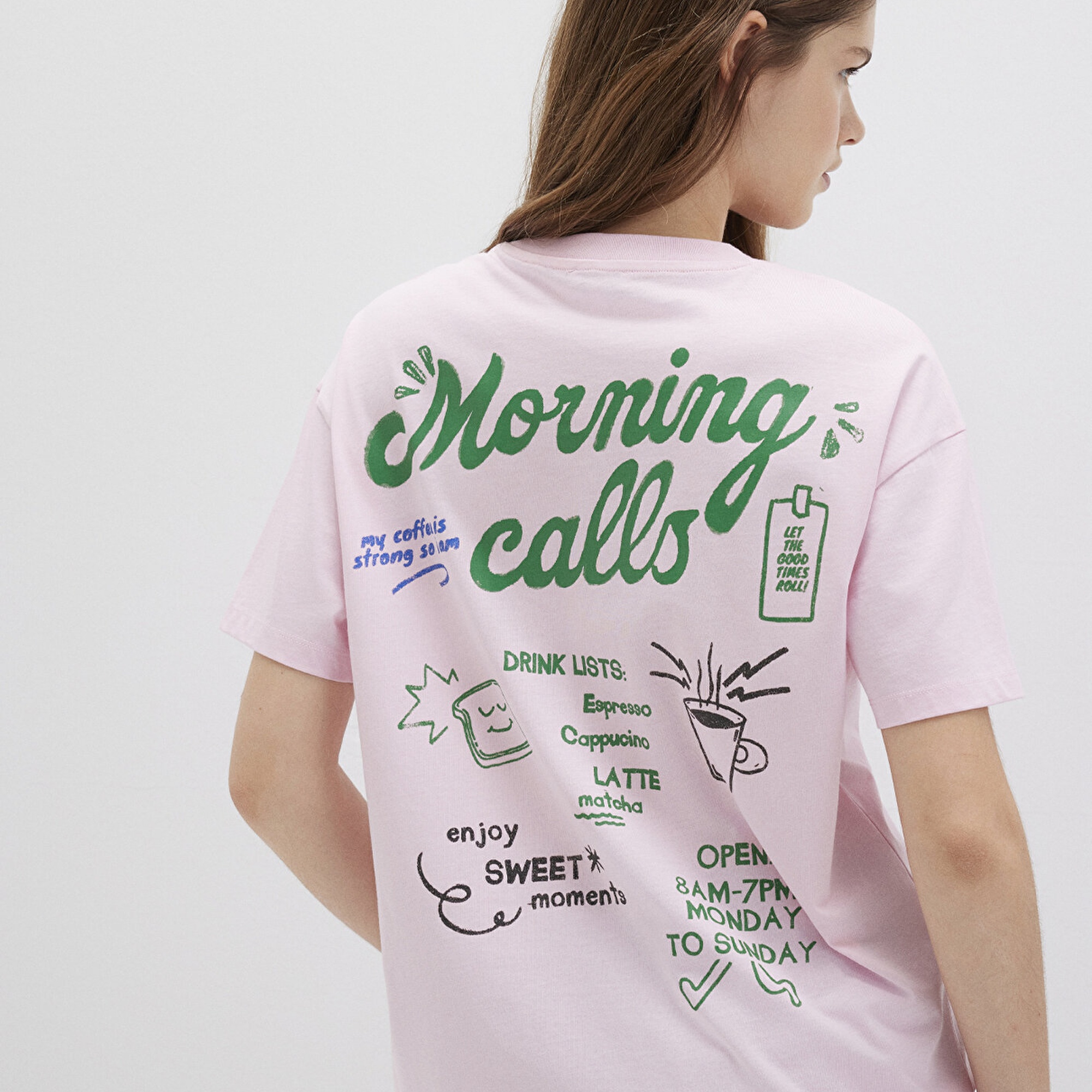 Mavi Baskılı Pembe Tişört Loose Fit / Bol Rahat Kesim 1613379-71007