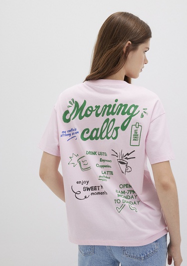  Mavi Baskılı Pembe Tişört Loose Fit / Bol Rahat Kesim 1613379-71007