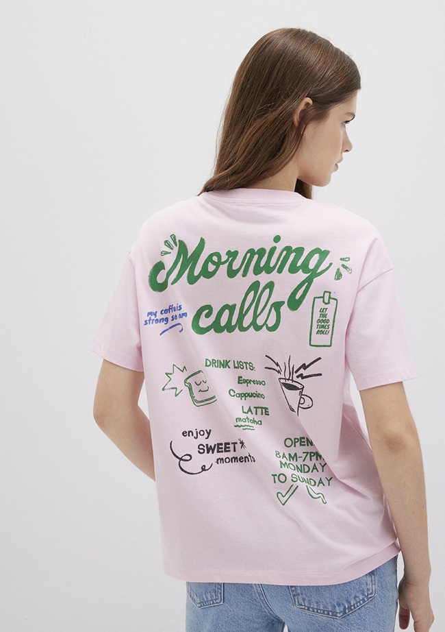  Mavi Baskılı Pembe Tişört Loose Fit / Bol Rahat Kesim 1613379-71007