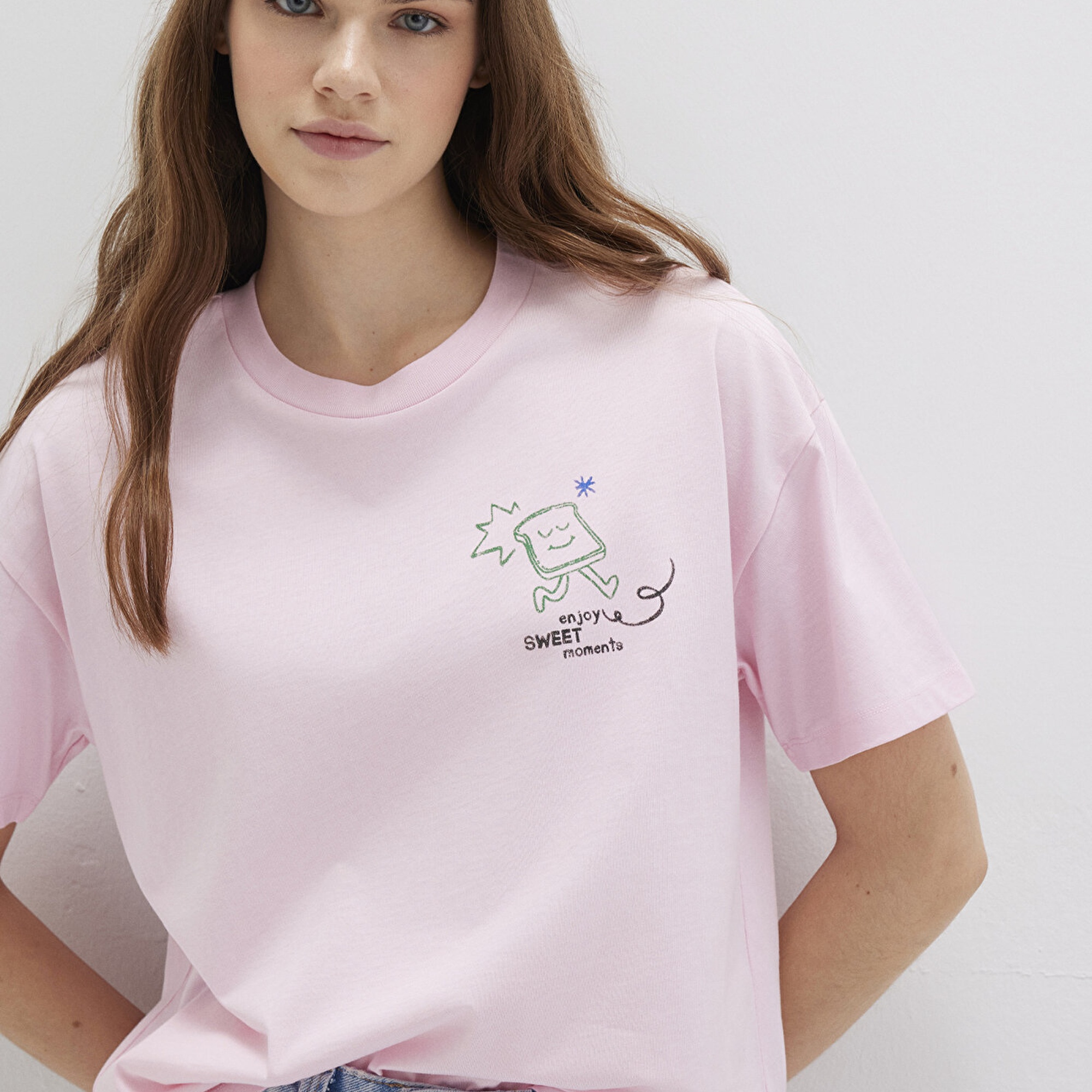 Mavi Baskılı Pembe Tişört Loose Fit / Bol Rahat Kesim 1613379-71007