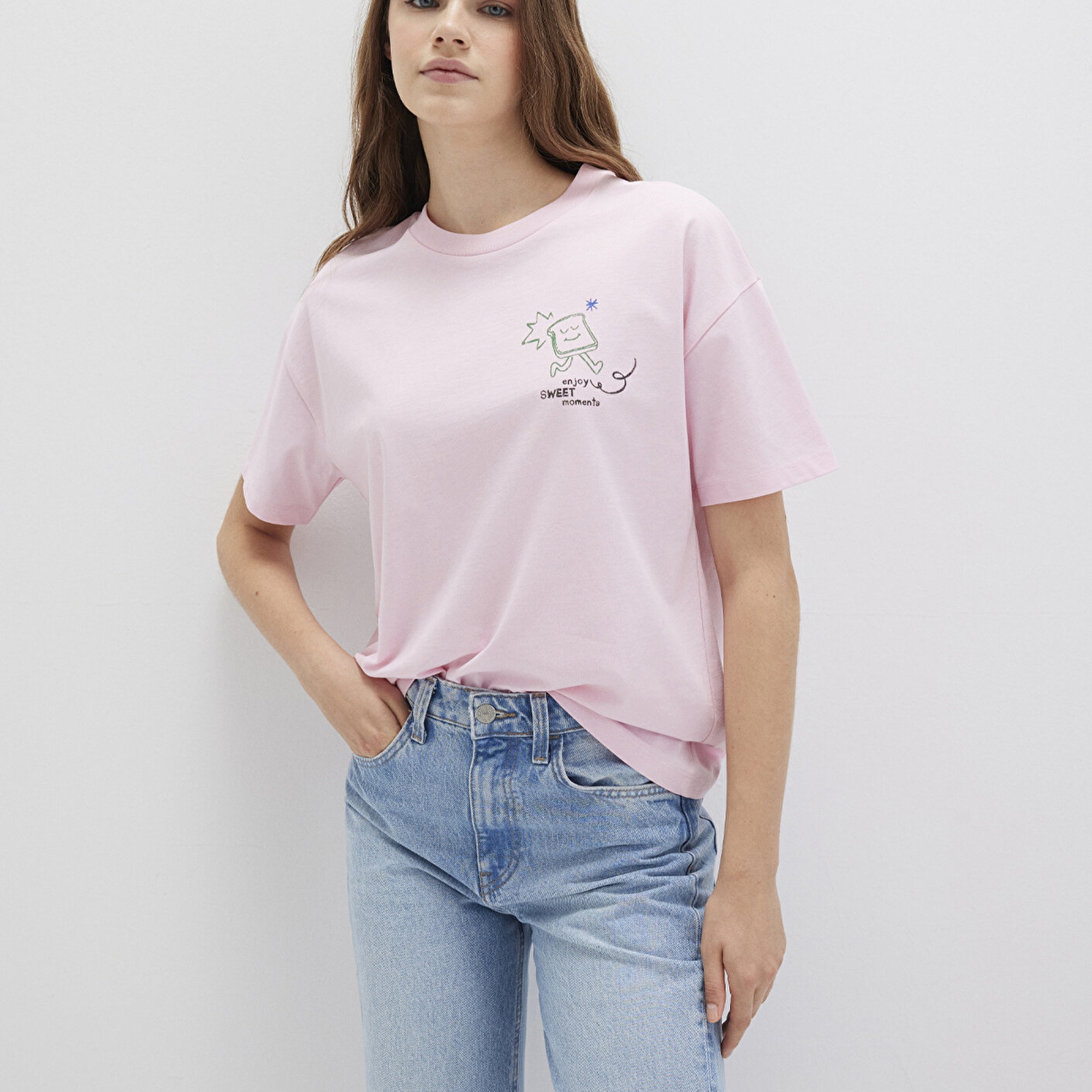 Mavi Baskılı Pembe Tişört Loose Fit / Bol Rahat Kesim 1613379-71007