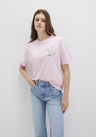  Mavi Baskılı Pembe Tişört Loose Fit / Bol Rahat Kesim 1613379-71007
