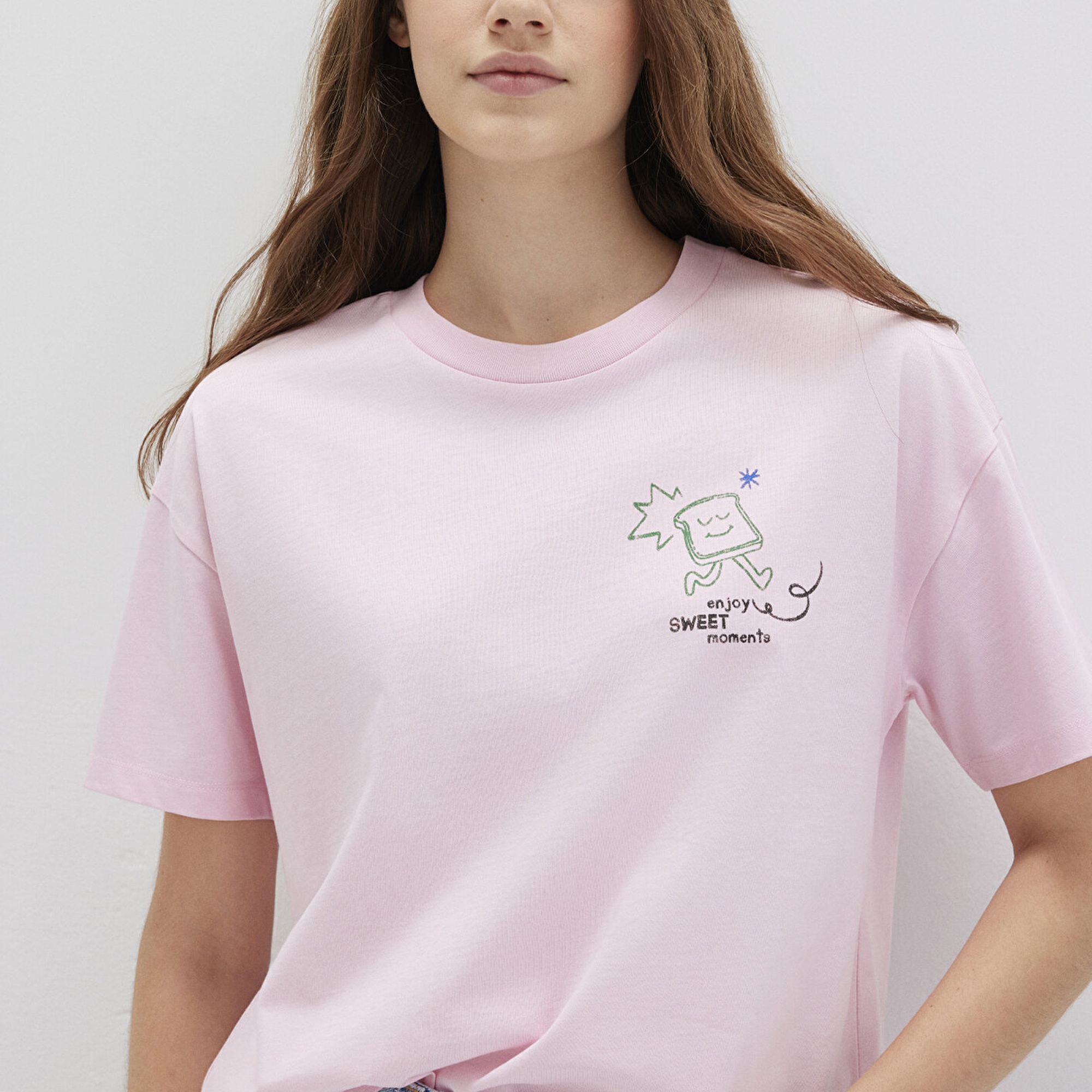 Mavi Baskılı Pembe Tişört Loose Fit / Bol Rahat Kesim 1613379-71007