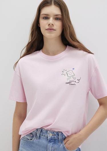  Mavi Baskılı Pembe Tişört Loose Fit / Bol Rahat Kesim 1613379-71007