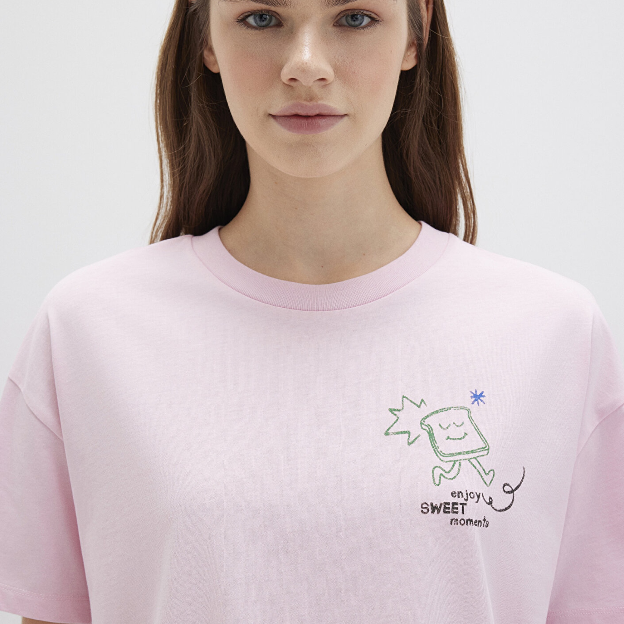 Mavi Baskılı Pembe Tişört Loose Fit / Bol Rahat Kesim 1613379-71007