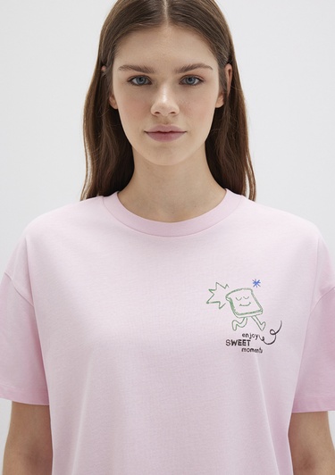  Mavi Baskılı Pembe Tişört Loose Fit / Bol Rahat Kesim 1613379-71007