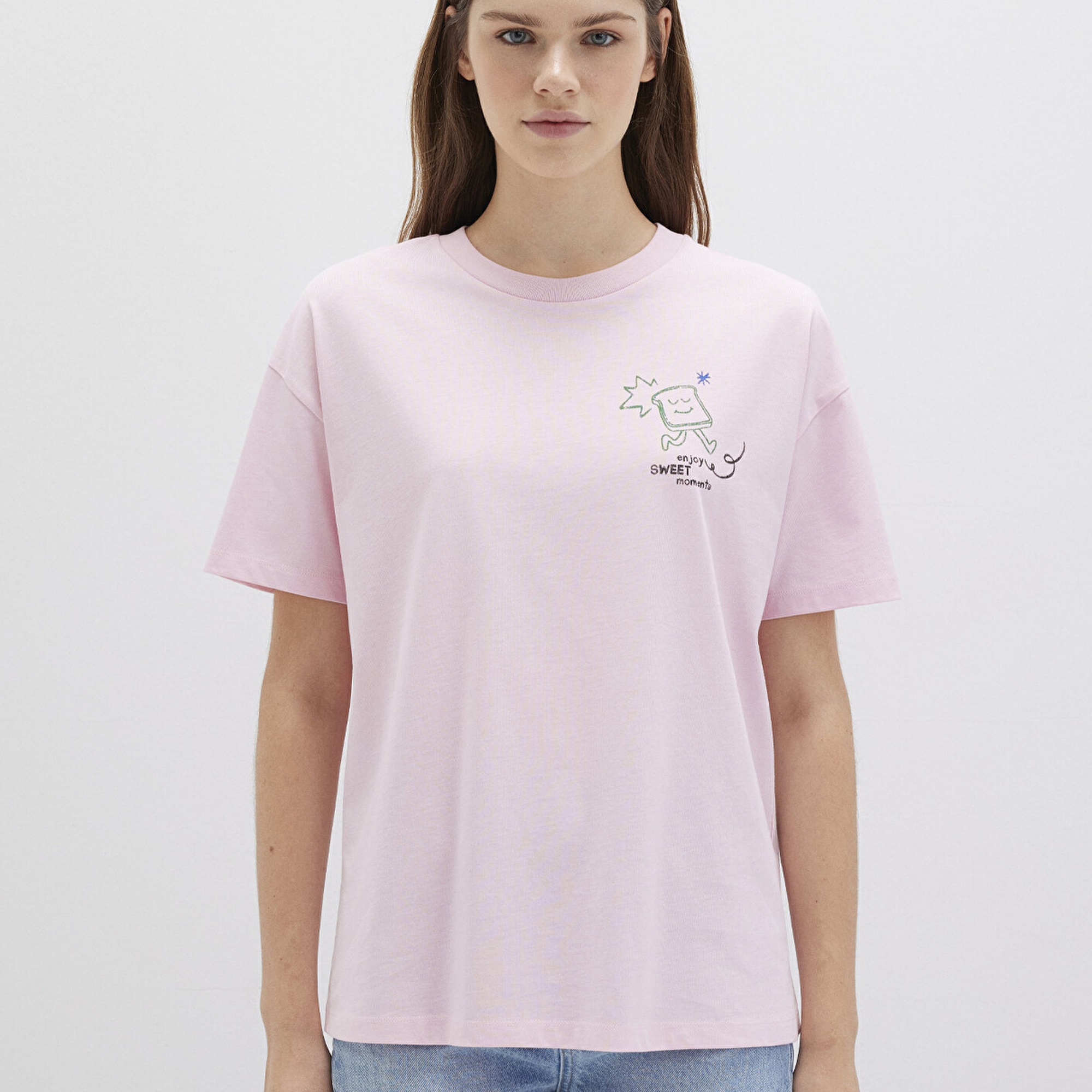 Mavi Baskılı Pembe Tişört Loose Fit / Bol Rahat Kesim 1613379-71007