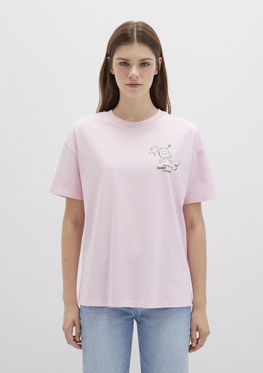  Mavi Baskılı Pembe Tişört Loose Fit / Bol Rahat Kesim 1613379-71007