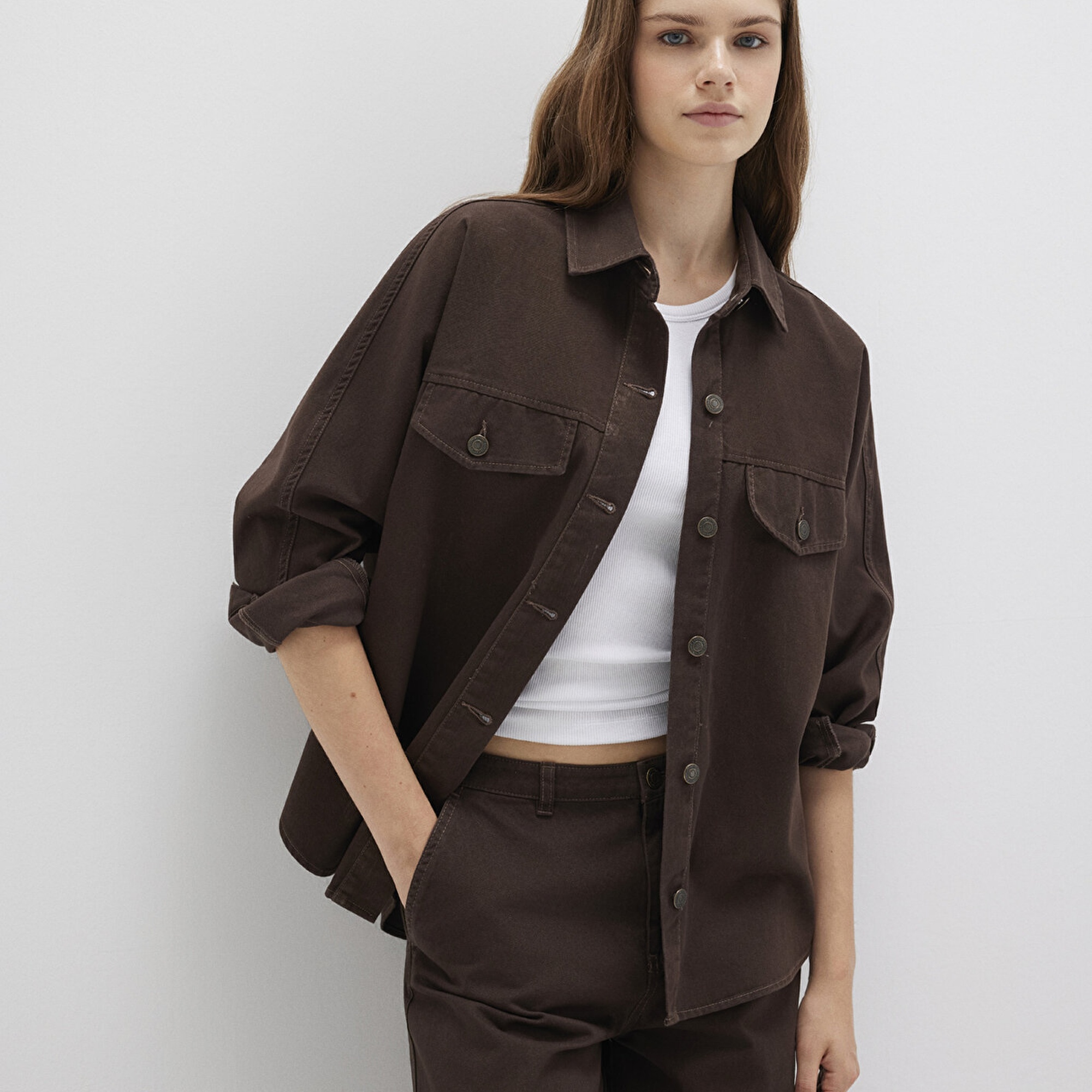 Mavi Kahverengi Gömlek Oversize / Geniş Kesim 1211181-88067