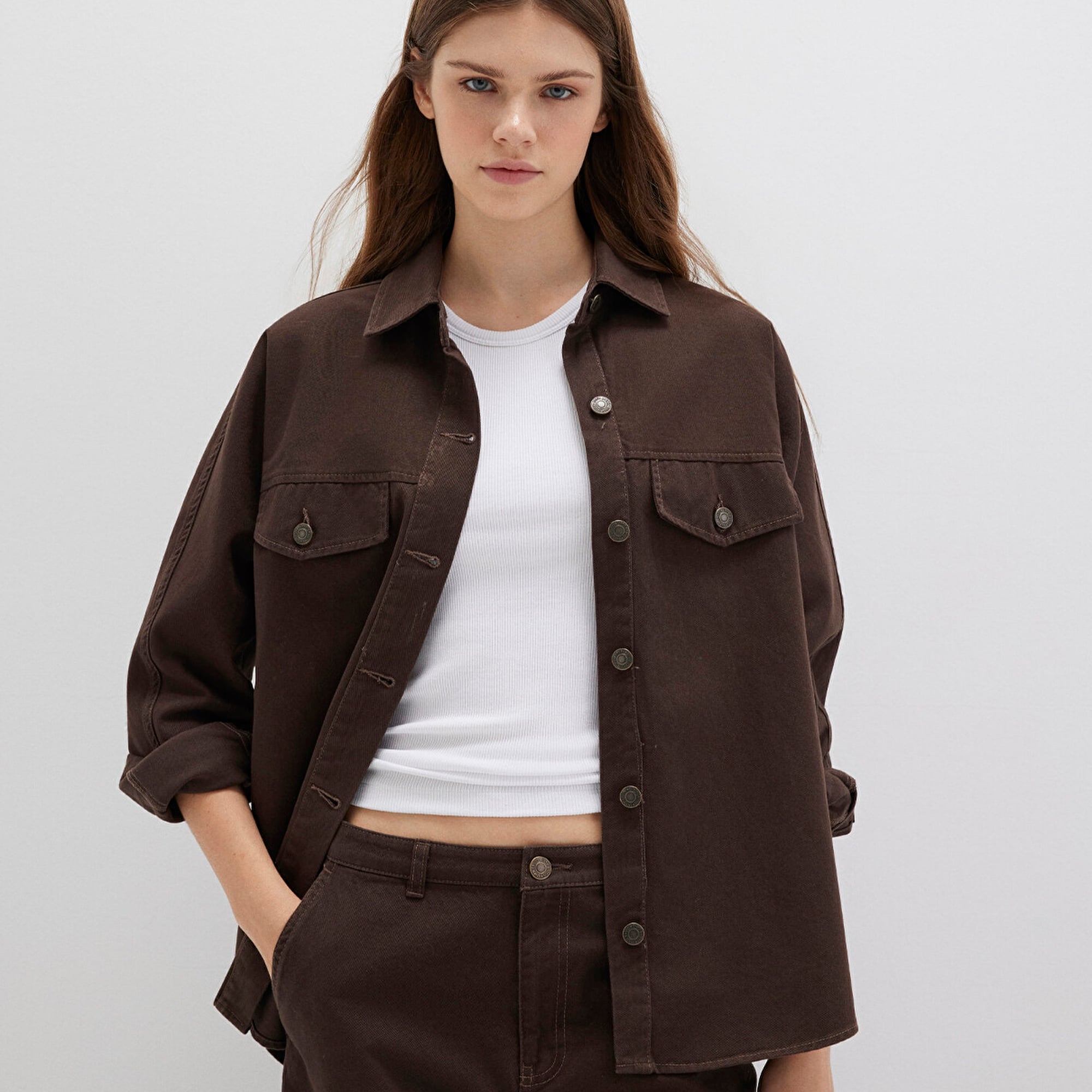 Mavi Kahverengi Gömlek Oversize / Geniş Kesim 1211181-88067