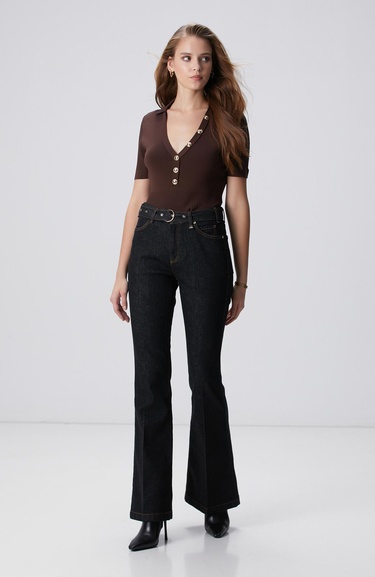  Network Kadın Acı Kahve Düğme Detaylı Kazak