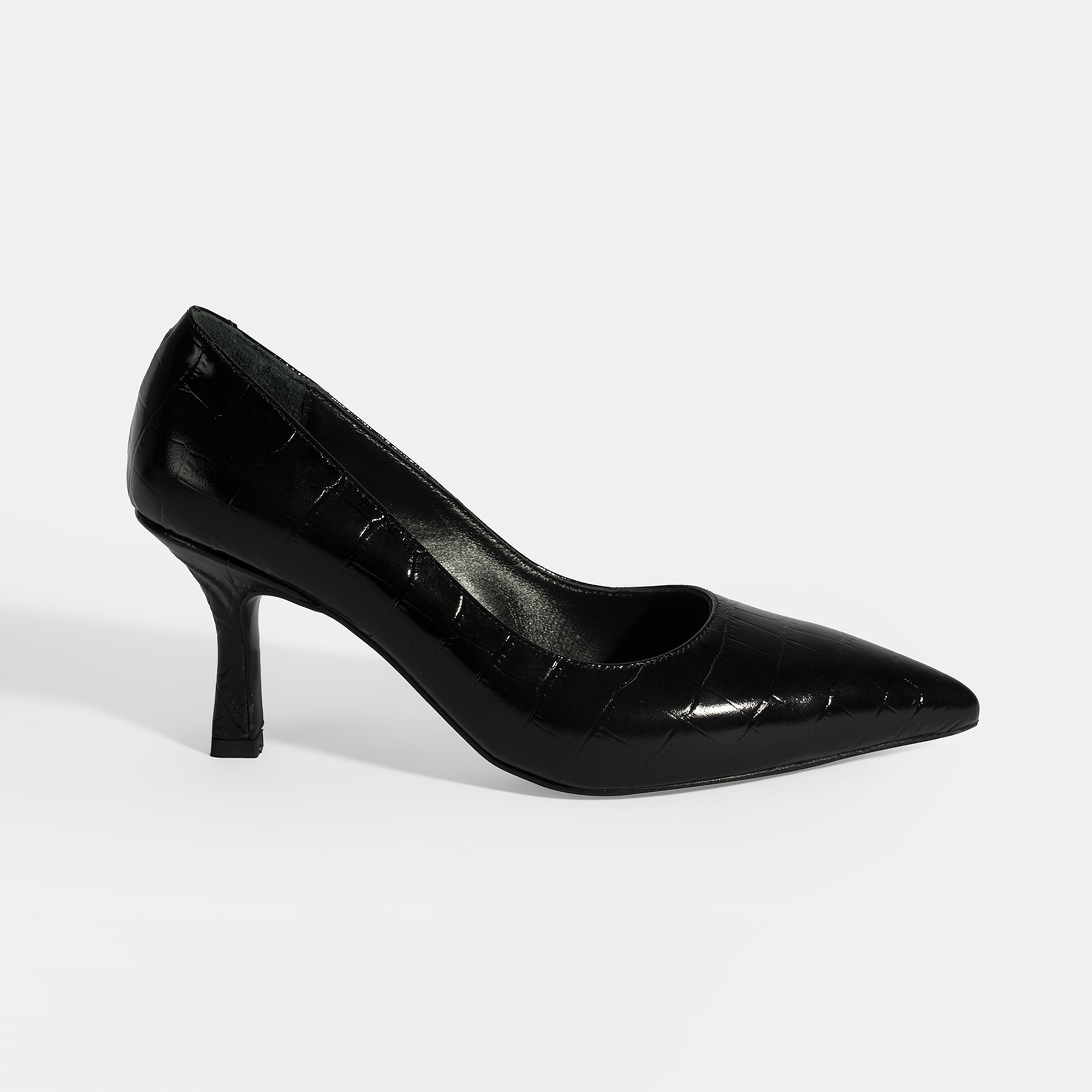 Kadın Siyah Kroko Baskılı Deri Stiletto