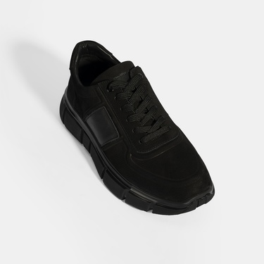  Erkek Siyah Bağcıklı Nubuk Deri Spor Ayakkabı