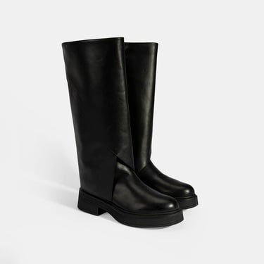  Kadın Siyah Katlama Detaylı Deri Çizme