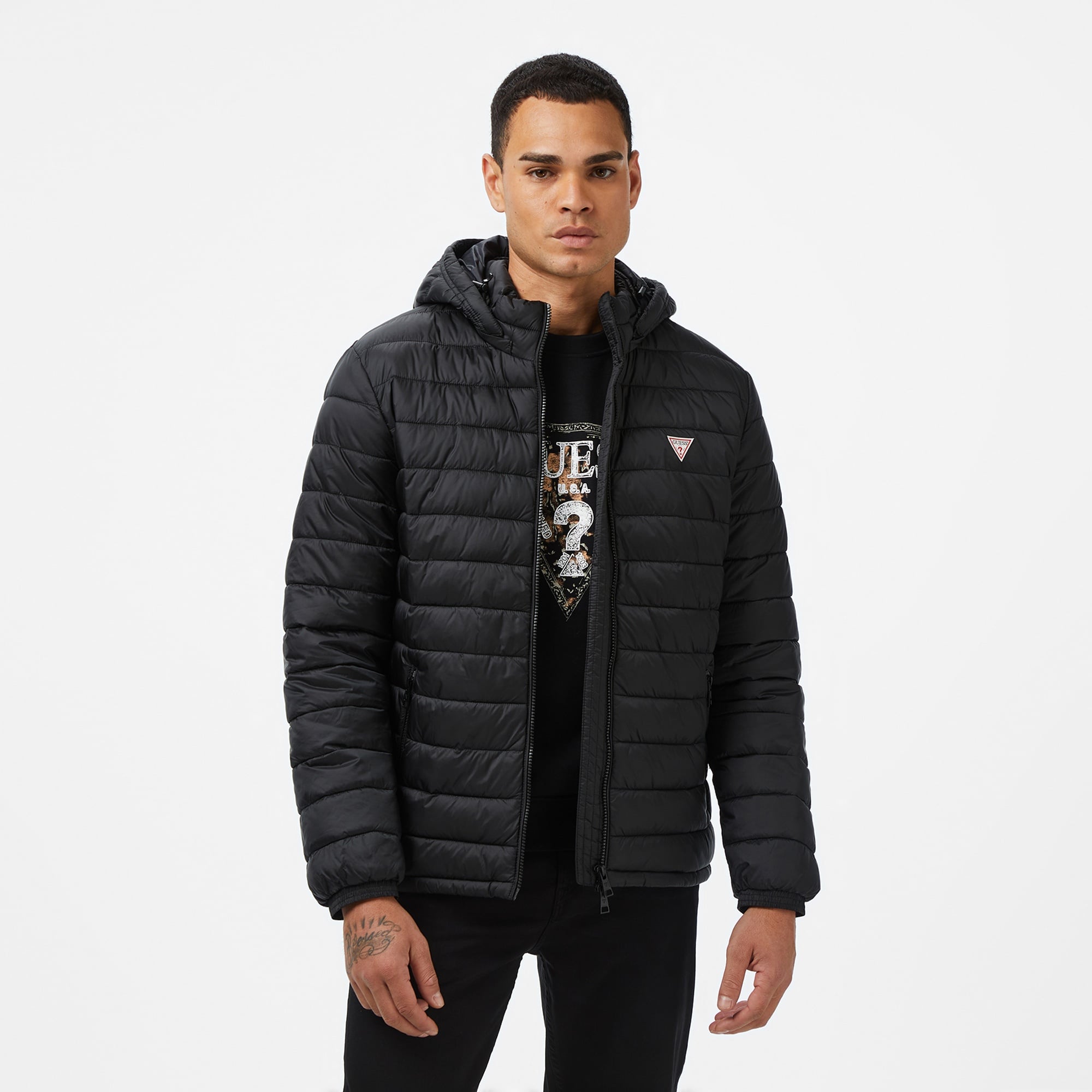 Guess Hooded Puffer Erkek Siyah Mont