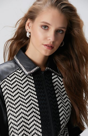  Network Kadın Siyah Kırık Beyaz Limited Örgü Detaylı Deri Mont