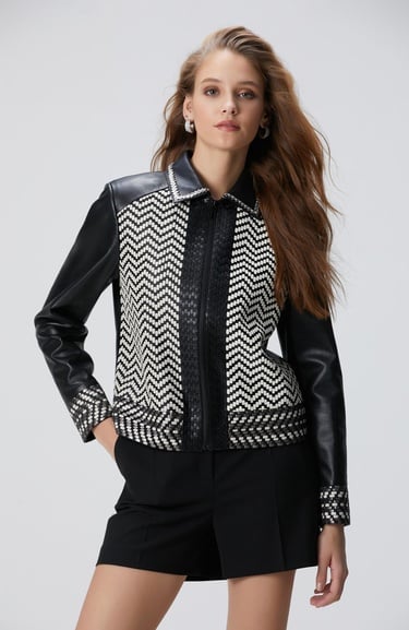  Network Kadın Siyah Kırık Beyaz Limited Örgü Detaylı Deri Mont