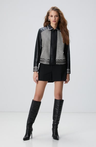 Network Kadın Siyah Kırık Beyaz Limited Örgü Detaylı Deri Mont