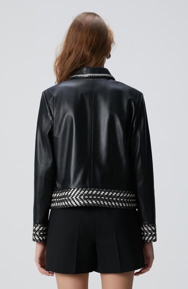  Network Kadın Siyah Kırık Beyaz Limited Örgü Detaylı Deri Mont