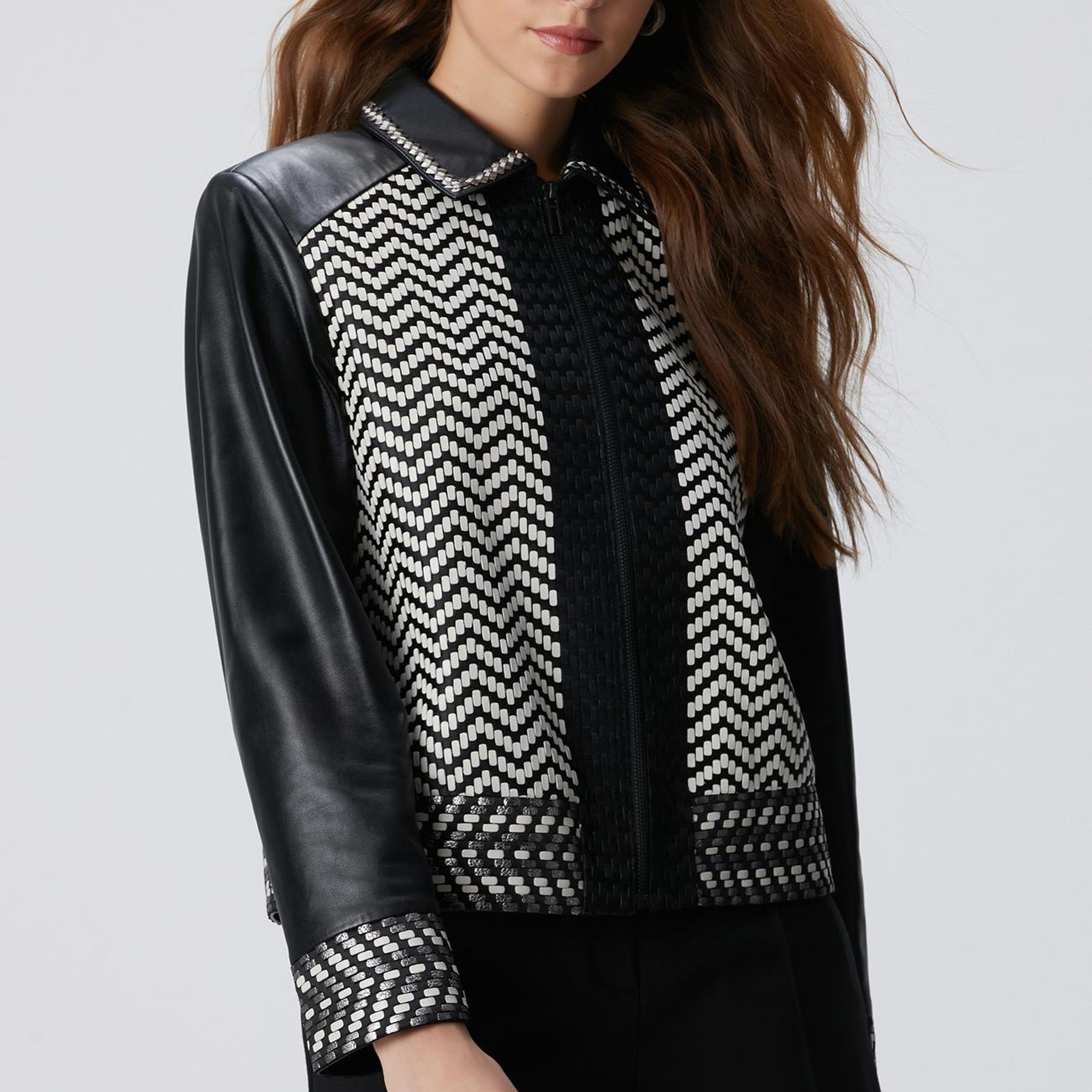 Network Kadın Siyah Kırık Beyaz Limited Örgü Detaylı Deri Mont