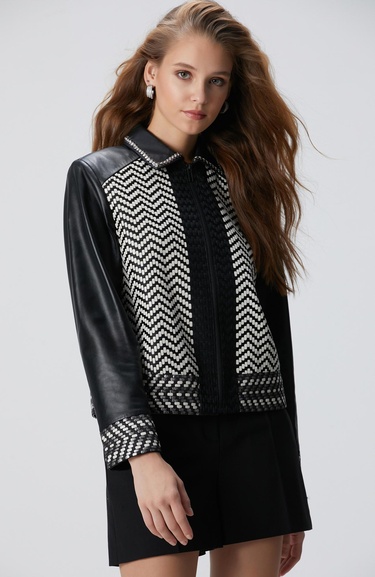  Network Kadın Siyah Kırık Beyaz Limited Örgü Detaylı Deri Mont