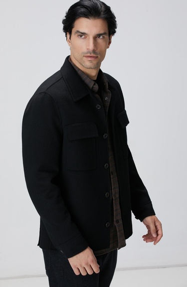  Network Erkek Siyah Yün Karışımlı Dikişsiz Handmade Mont