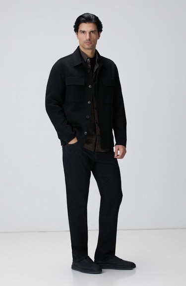  Network Erkek Siyah Yün Karışımlı Dikişsiz Handmade Mont