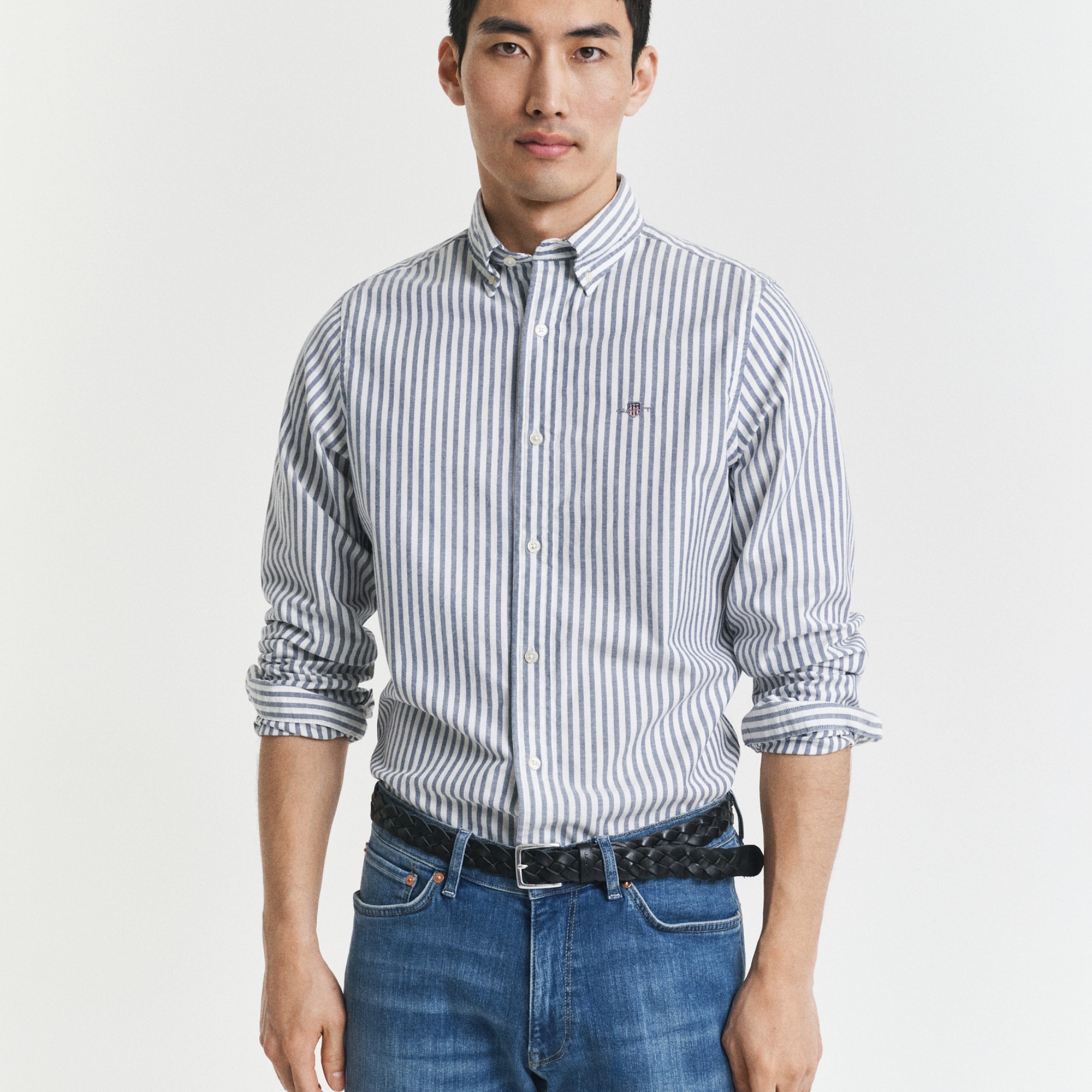 GANT Erkek Mavi Slim Fit Düğmeli Yaka Çizgili Oxford Gömlek