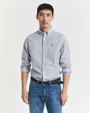  GANT Erkek Mavi Slim Fit Düğmeli Yaka Çizgili Oxford Gömlek