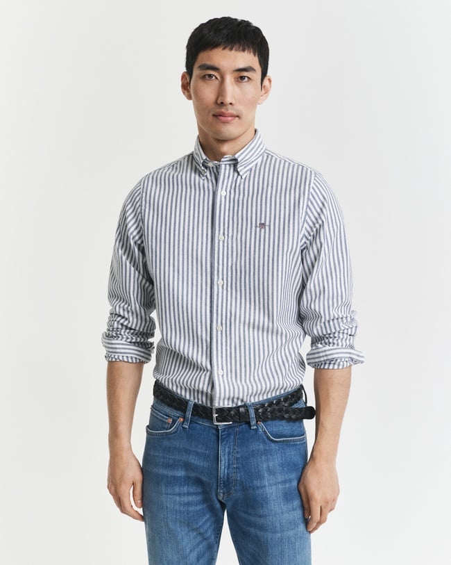  GANT Erkek Mavi Slim Fit Düğmeli Yaka Çizgili Oxford Gömlek