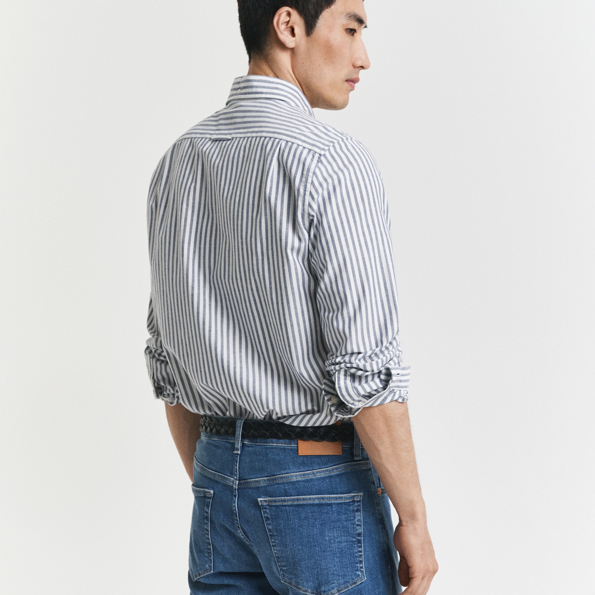 GANT Erkek Mavi Slim Fit Düğmeli Yaka Çizgili Oxford Gömlek