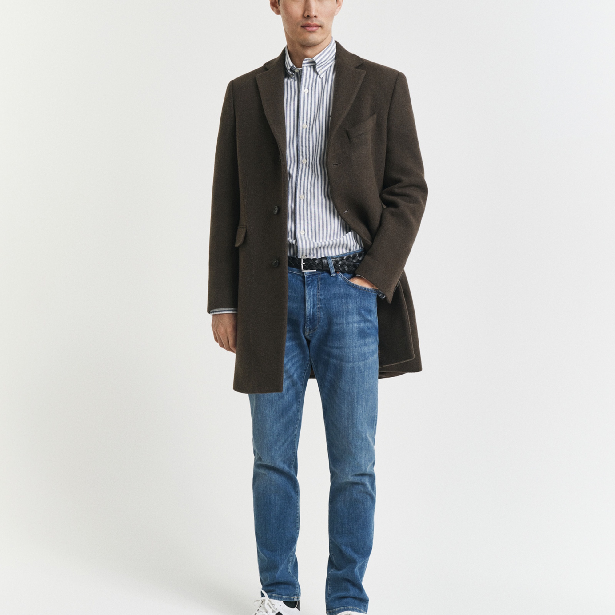 GANT Erkek Mavi Slim Fit Düğmeli Yaka Çizgili Oxford Gömlek